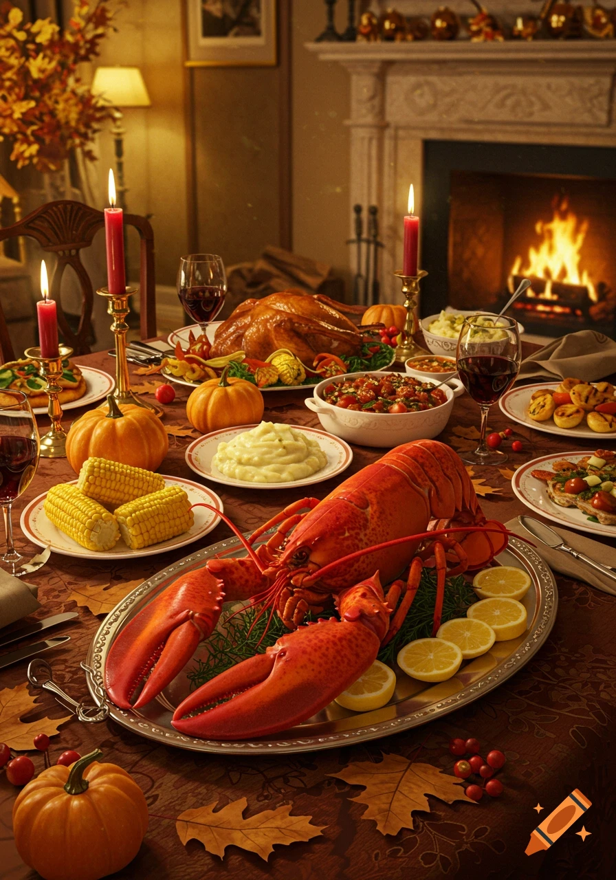 A Thanksgiving dinner table set with a roasted turkey, a large red lobster, corn on the cob, mashed potatoes, wine, pumpkins, and lit candles in a warm room with a fireplace.