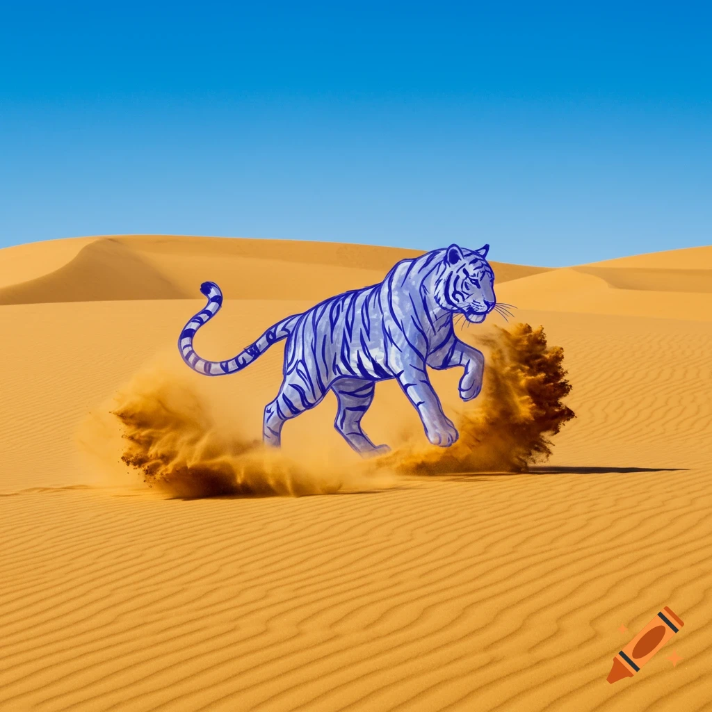 A blue sketched tiger runs through a sandy desert, kicking up dust.