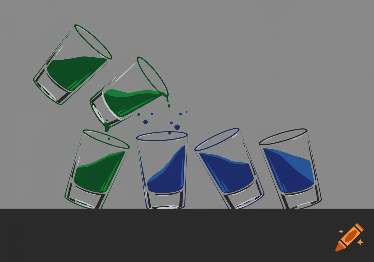 Stylized illustration of five shot glasses, some green and some blue, tilting and spilling liquid on a grey background.