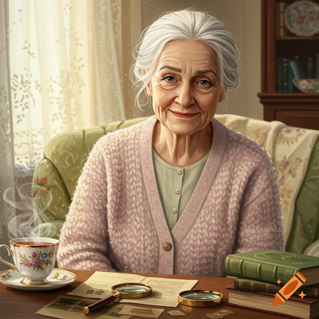A smiling elderly woman with white hair and blue eyes sits at a wooden table with tea, magnifying glasses, and books.