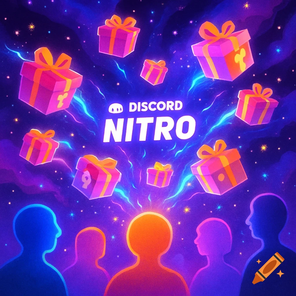 Vibrant digital art with the 'DISCORD NITRO' logo, floating pink gift boxes, and silhouetted people in a cosmic, starry setting.