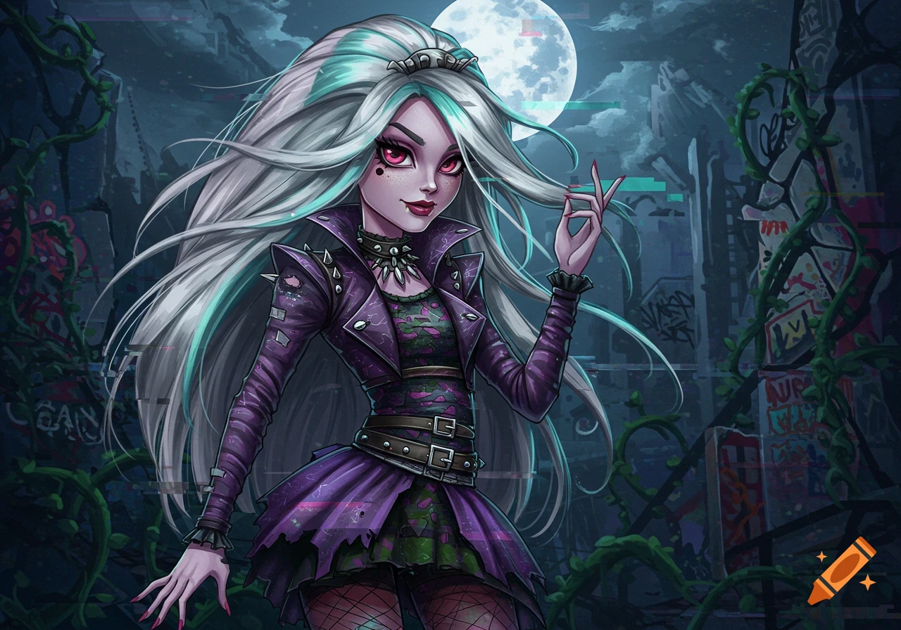 Gothic fantasy illustration of Moanica D'kay from Monster High with long white and teal hair, purple jacket, and fishnets, under a full moon.