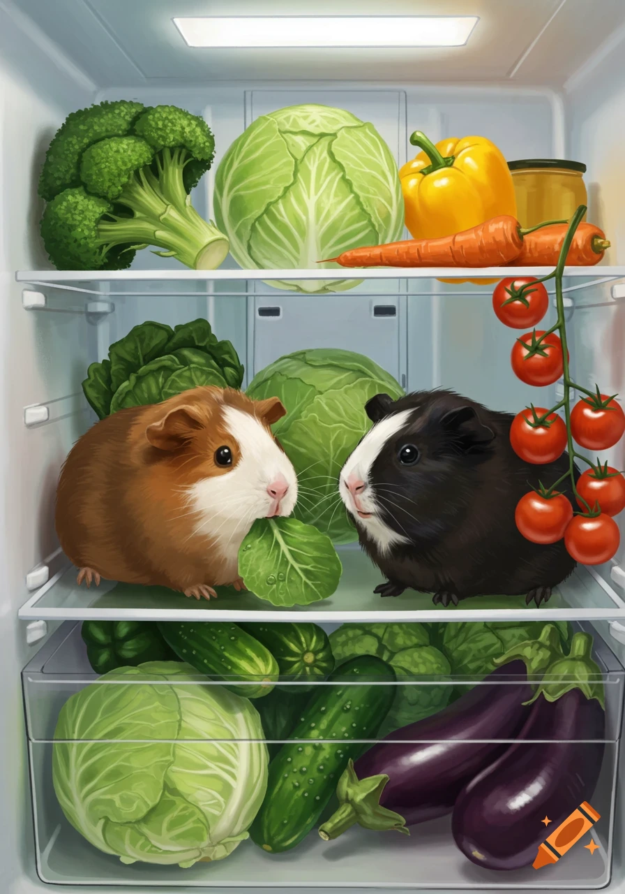 An illustration of two guinea pigs, one brown and one black, sitting in a refrigerator full of fresh vegetables.