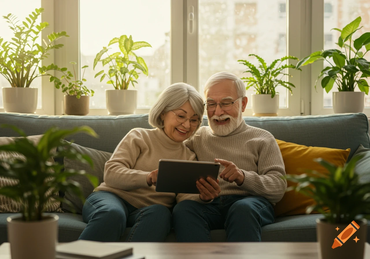 A happy senior couple sits on a sofa, smiling while looking at a tablet in a bright living room with plants, realistic style.