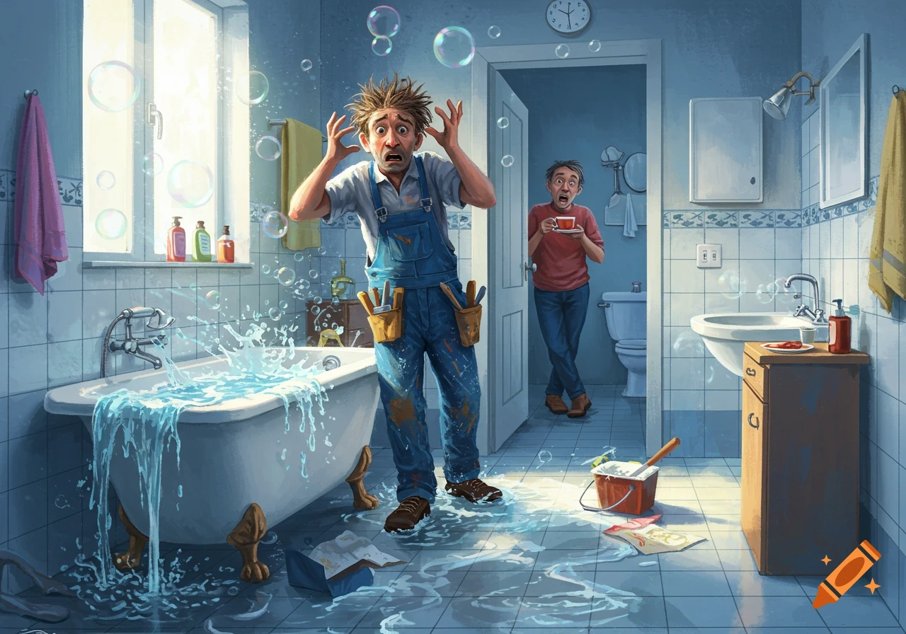 A cartoon handyman with wild hair frantically reacts to an overflowing bathtub as another man calmly sips coffee in the doorway.