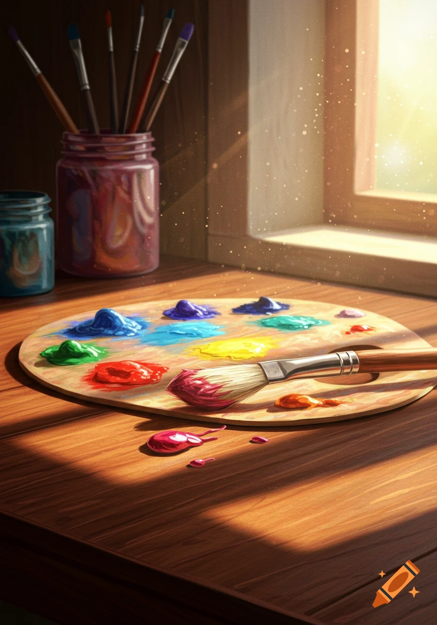 A still life of a wooden artist's palette with colorful paints and brushes on a sunlit wooden table next to paint jars.