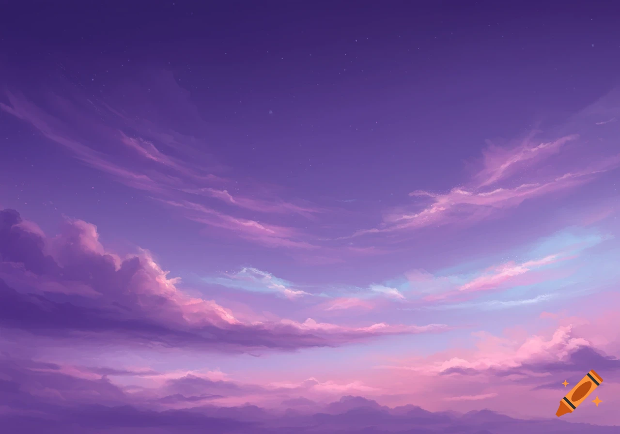 A serene digital painting of a vast purple and pink twilight sky filled with wispy clouds.