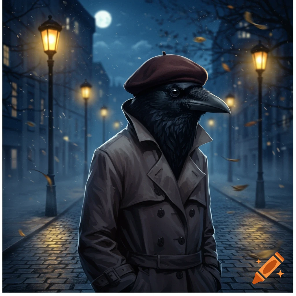An illustrated anthropomorphic crow in a trench coat and beret walks on a cobbled street at night, illuminated by street lamps under a full moon.