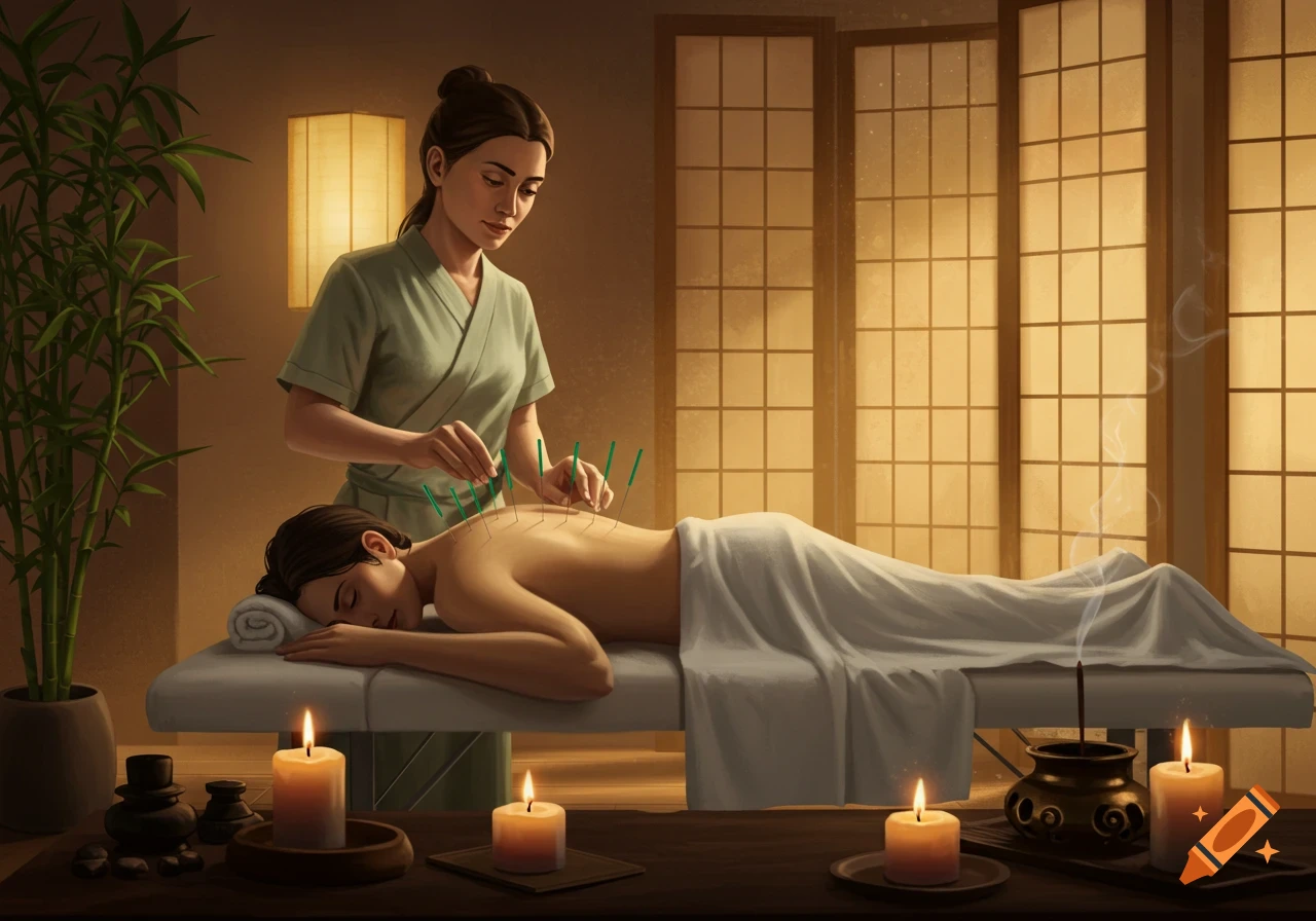 An acupuncturist performs acupuncture on a patient's back in a serene, dimly lit spa room with candles and bamboo plants.