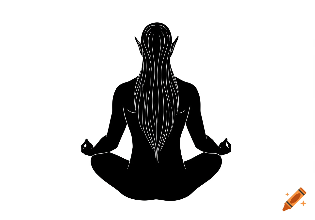 Black silhouette of an elf with long hair meditating in a lotus position, viewed from the back.