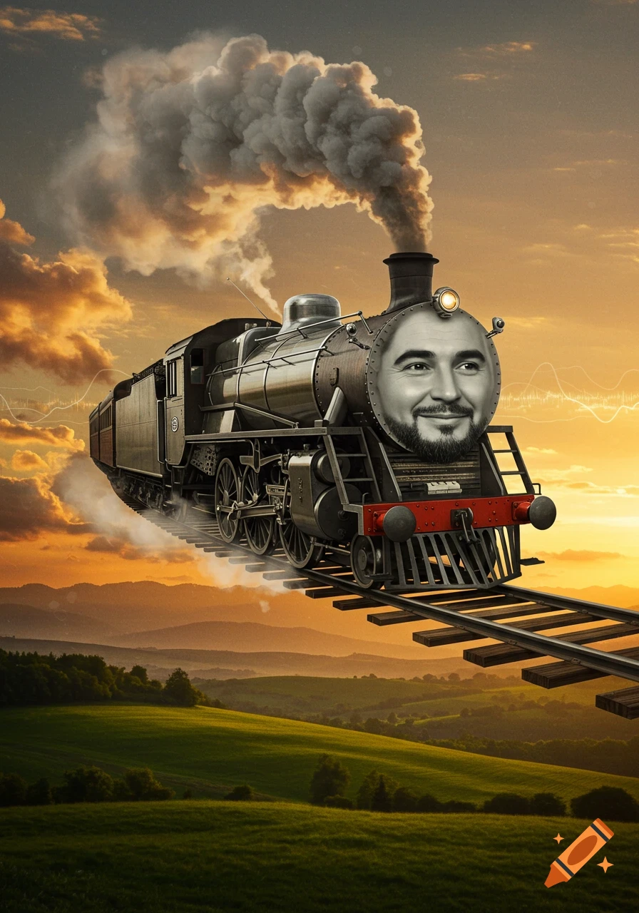 A smiling man's face replaces the front of a steam train flying above a green, hilly landscape with a sunset sky.