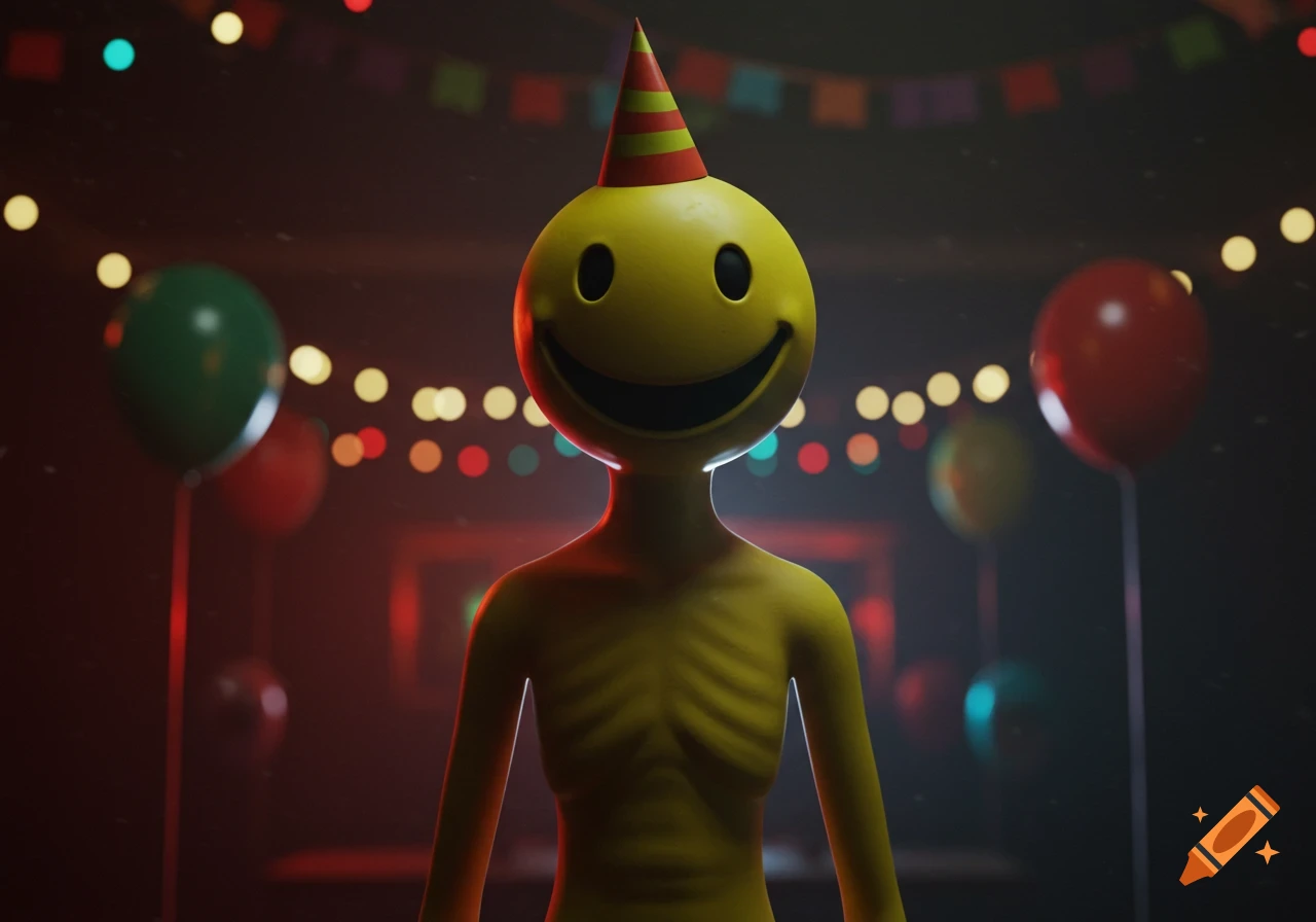 A yellow, thin humanoid figure with a smiley face and a party hat stands in a dark room with blurred party lights and balloons.