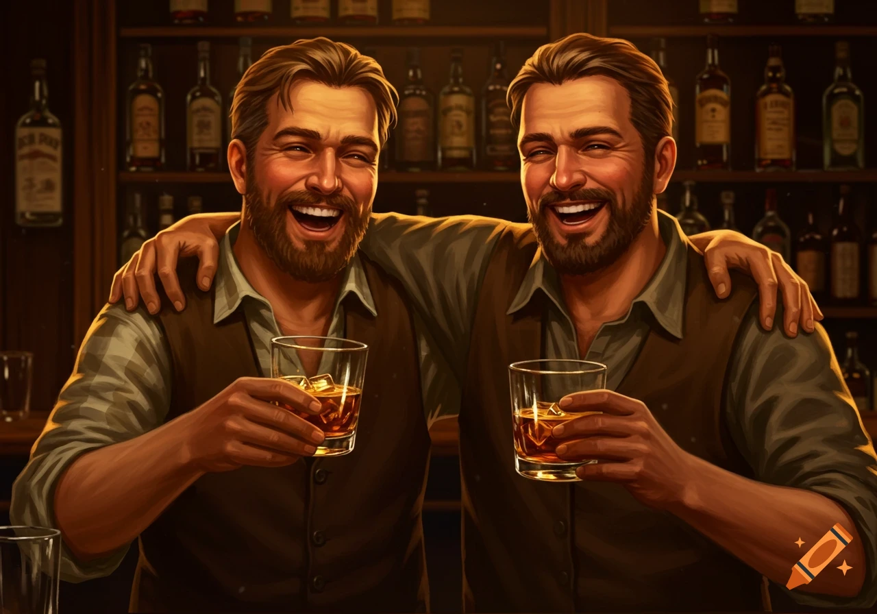 Two smiling men with beards, arms around shoulders, holding whiskey glasses in a dimly lit bar, digital painting.