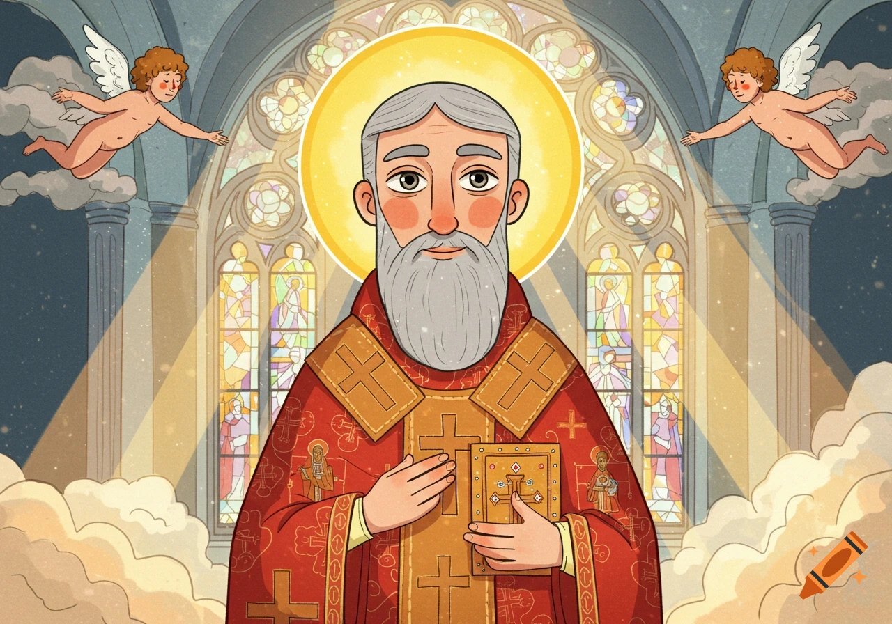 Cartoon orthodox Christian saint with a halo, holding a book, standing in a church with stained glass windows and cherubs.