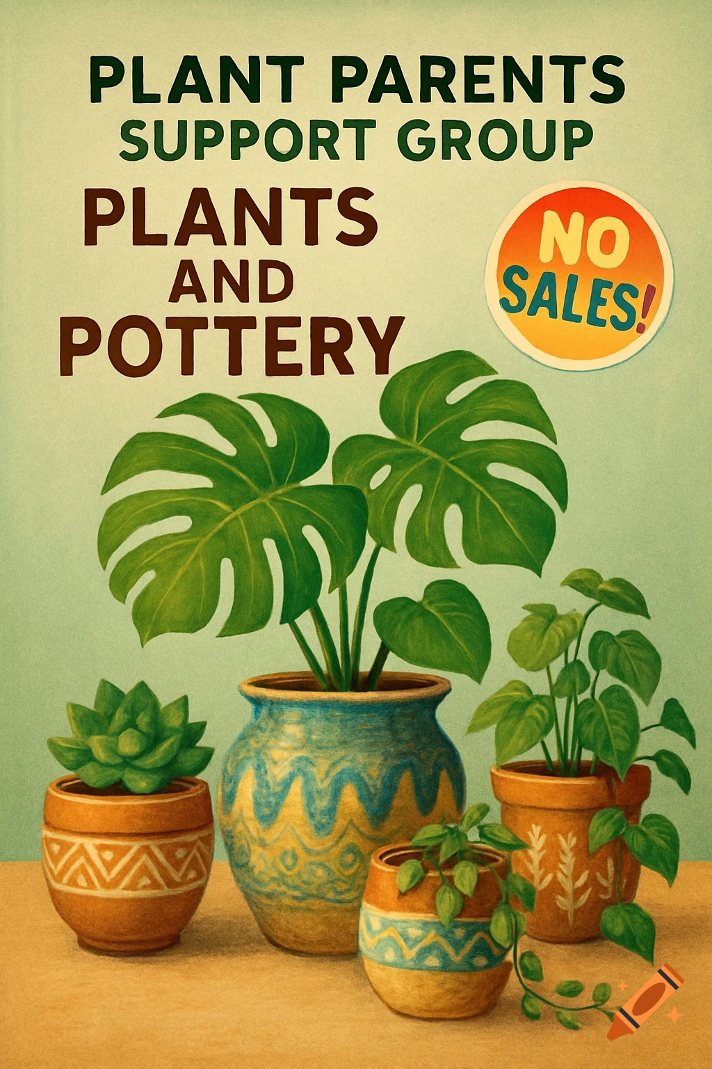 A retro-style poster for a 'Plant Parents Support Group: Plants and Pottery', featuring several potted plants and a 'NO SALES!' sticker.