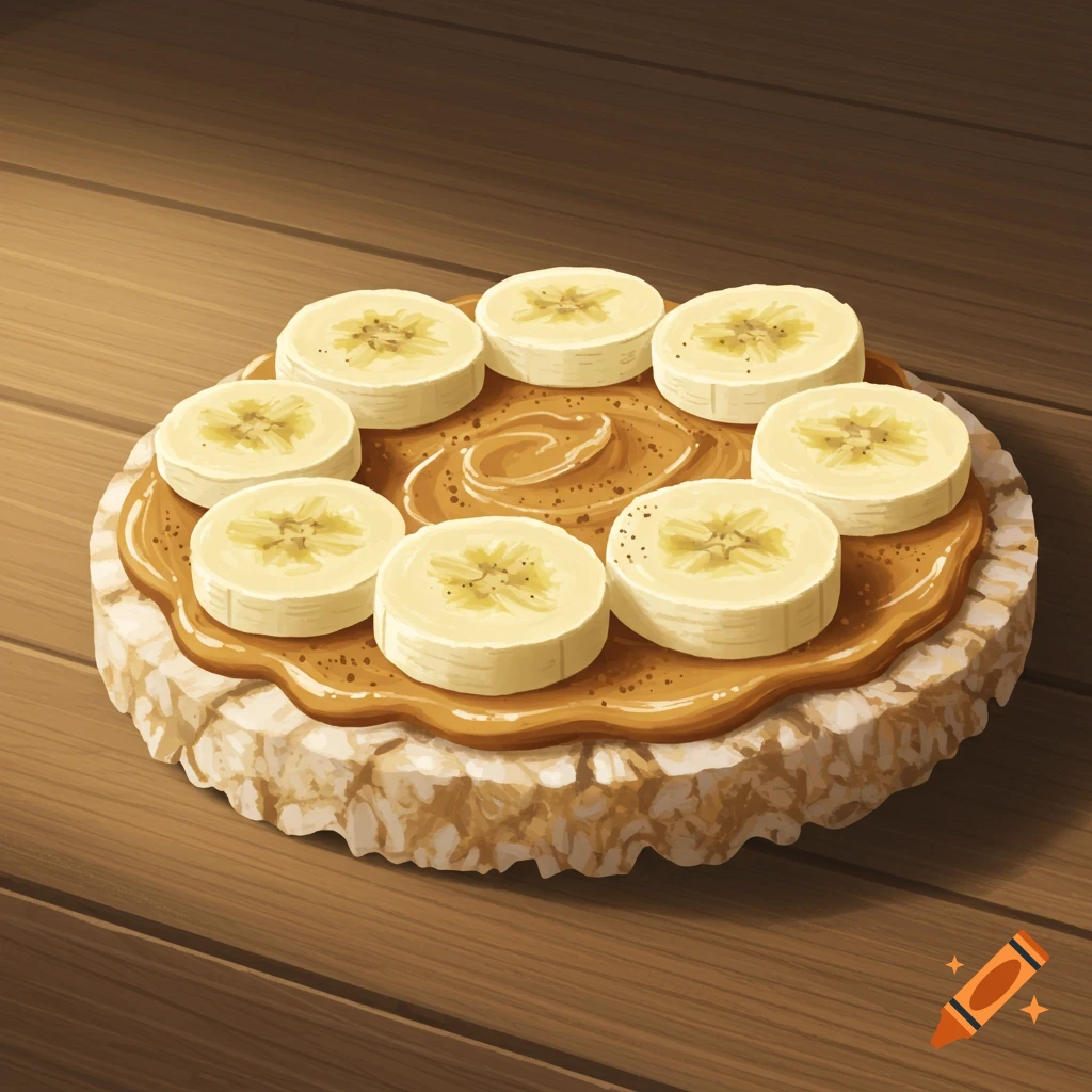An illustration of a rice cake topped with creamy peanut butter and neat slices of banana, resting on a wooden table.