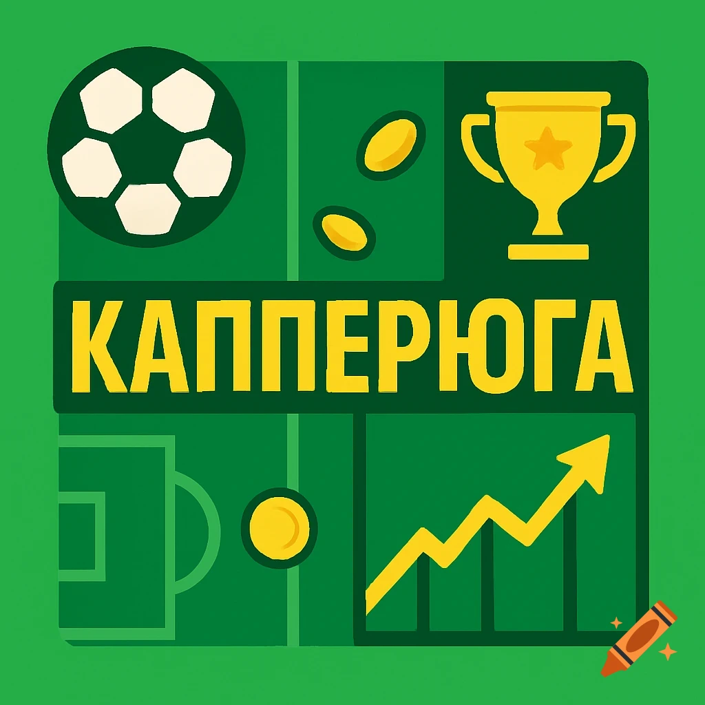 Minimalist green and yellow sports betting icon with a football, coins, trophy, rising graph, and text 'КАППЕРЮГА'.