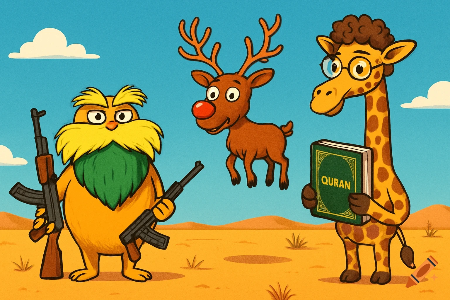 Cartoon Lorax-like creature and a reindeer holding AK-47s, a giraffe with glasses holds a Quran, all in a desert.