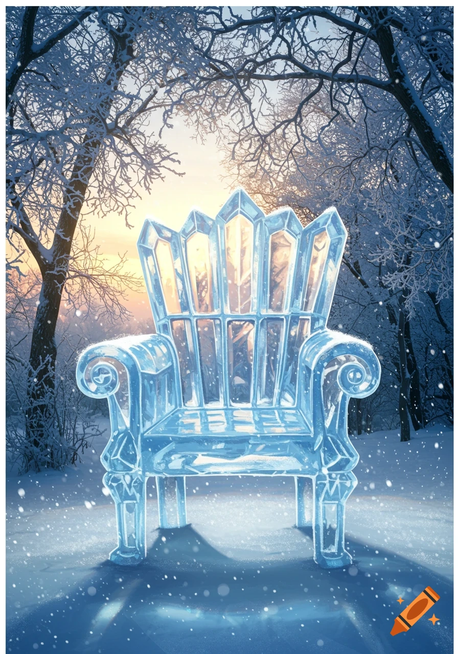 An ornate ice chair sits in a snowy winter forest at sunrise, with frost-covered trees and falling snow.