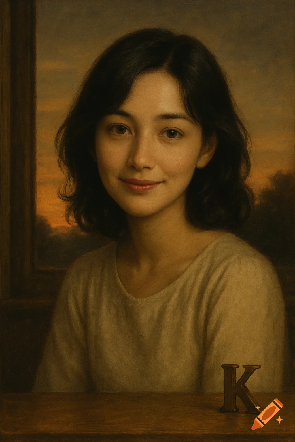 A portrait painting of a young woman with dark, wavy hair, smiling gently in a light blouse, against a warm sunset, with a K on a table.