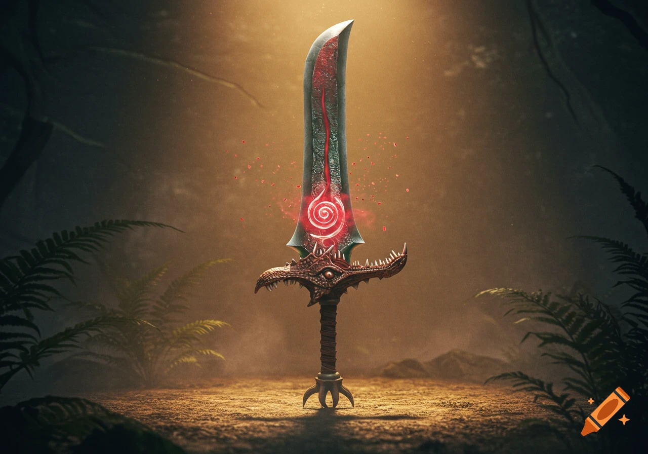 A detailed fantasy sword with a reptilian hilt and a glowing red spiral on its blade, in a mystical forest.