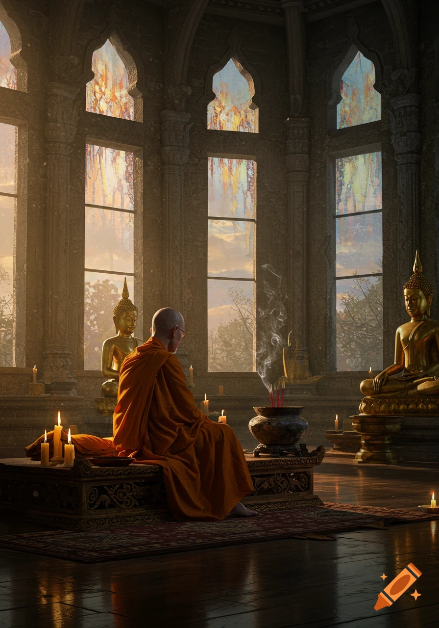 A monk meditates in a grand temple with golden Buddha statues, lit candles, and light from arched windows.