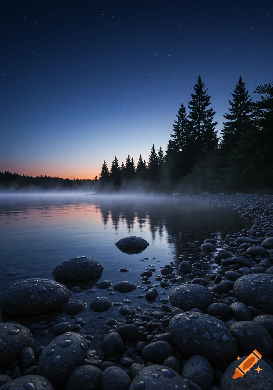 A misty lake with wet pebbles reflects a dark forest and a twilight sky with stars.