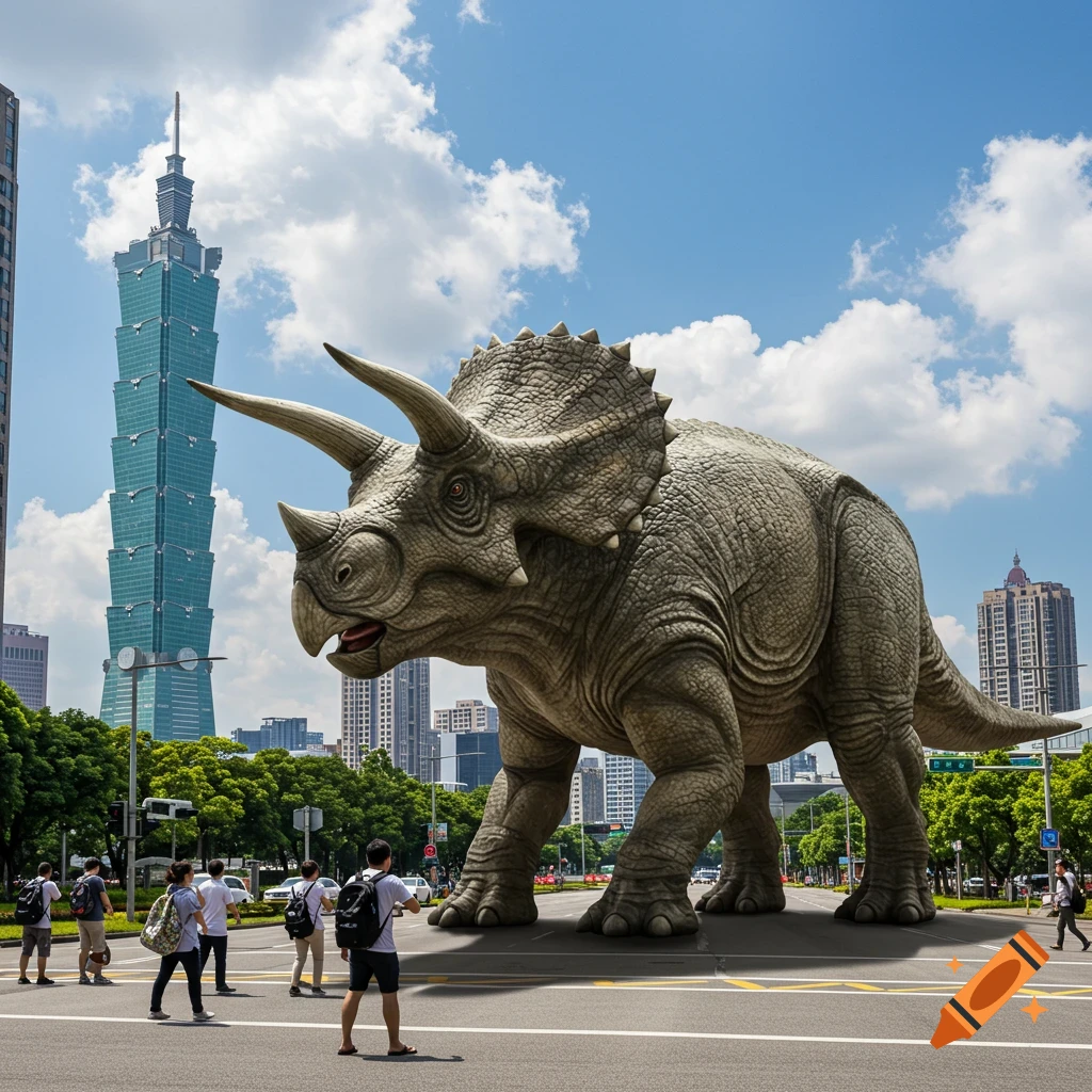 A giant photorealistic Triceratops stands on a city street in Taiwan, with Taipei 101 in the background and people looking up at it.