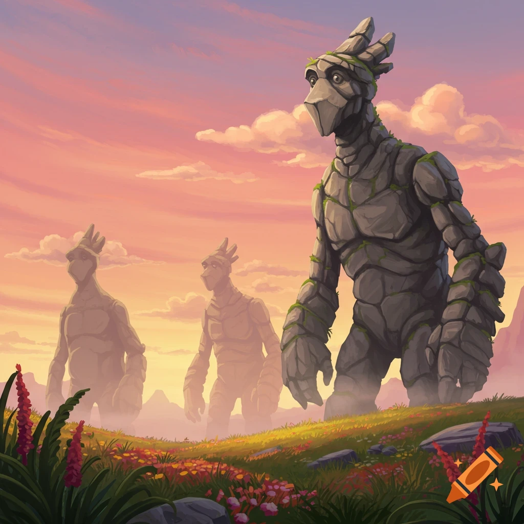 Three anthropomorphic rock monsters stand in a vibrant field under a colorful sunset sky in an illustrated style.