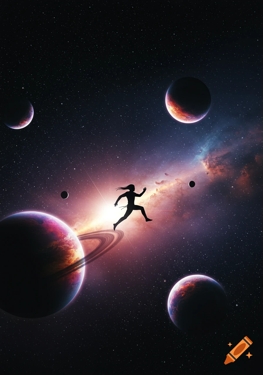 A shadowy figure with flowing hair runs across a starry space filled with colorful planets and a distant nebula.