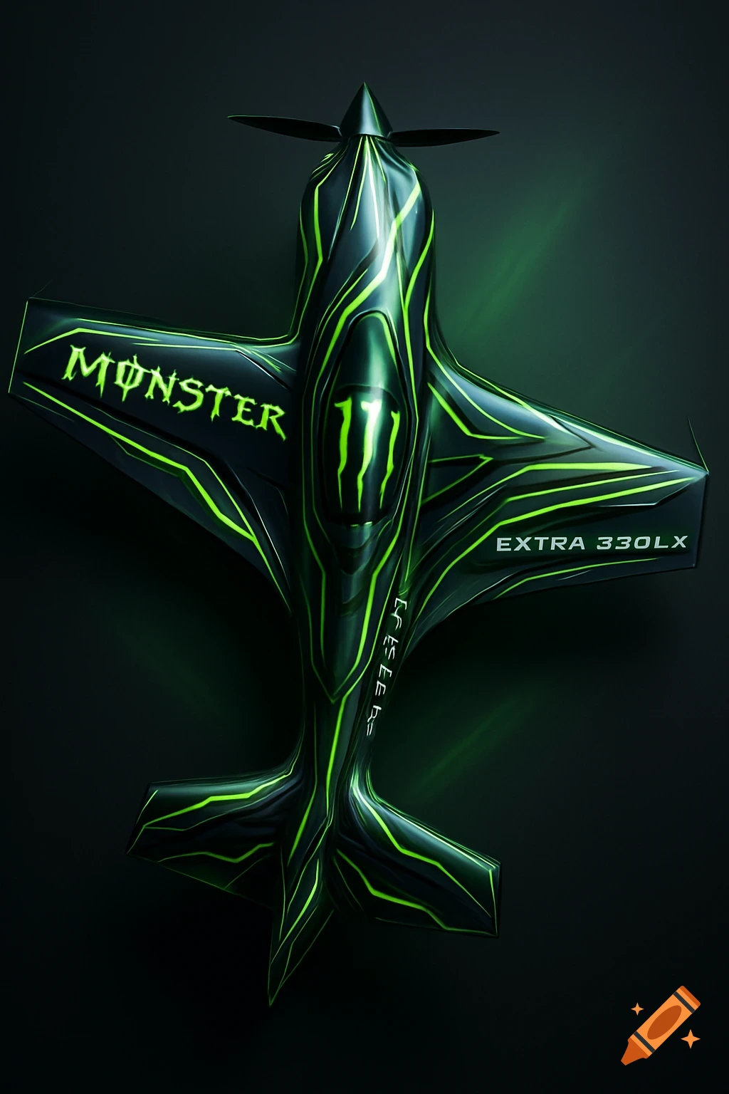 An overhead view of a sleek, black Extra 330LX plane with glowing neon green lines and Monster Energy branding, against a dark background.