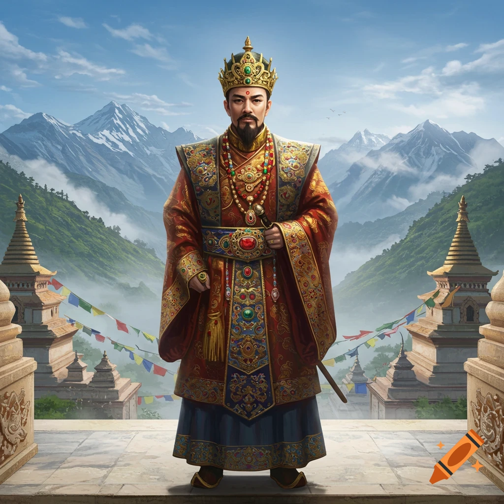 A richly dressed Nepali king stands on a temple terrace overlooking misty mountains.