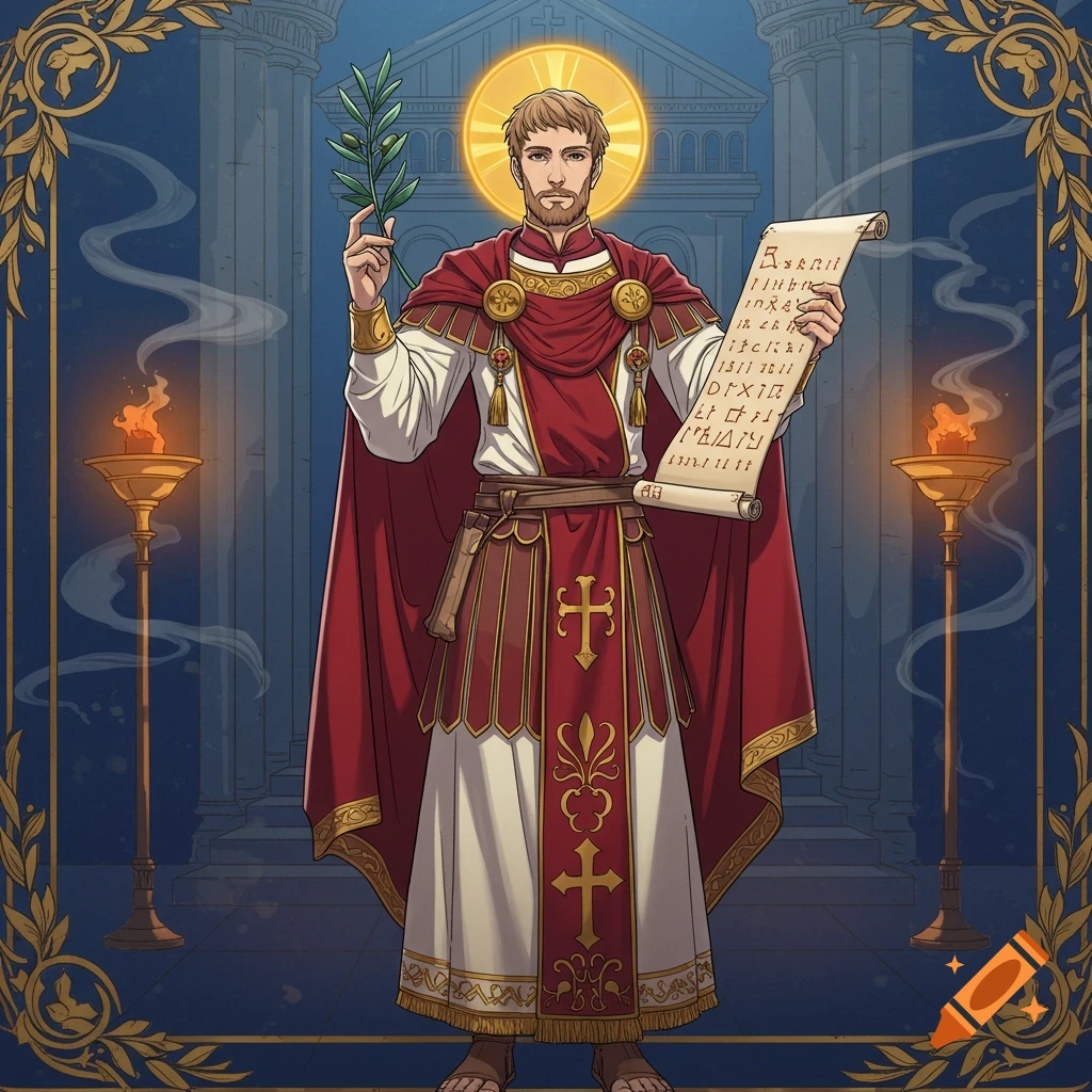 A man in red and white robes with a halo holds an olive branch and a scroll, depicted in an anime art style.