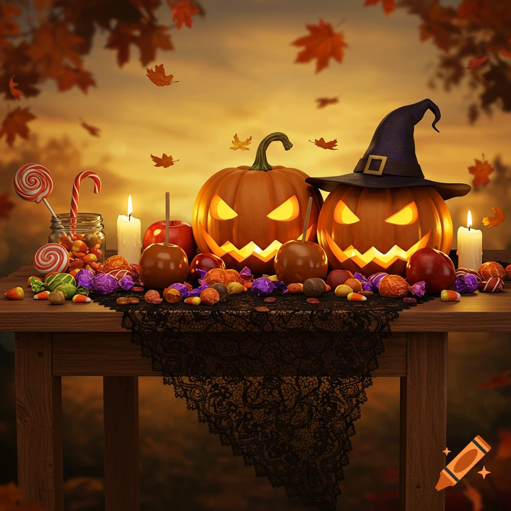 A Halloween still life with a table of candy, glowing jack-o'-lanterns, and fall leaves under a warm autumn sky.