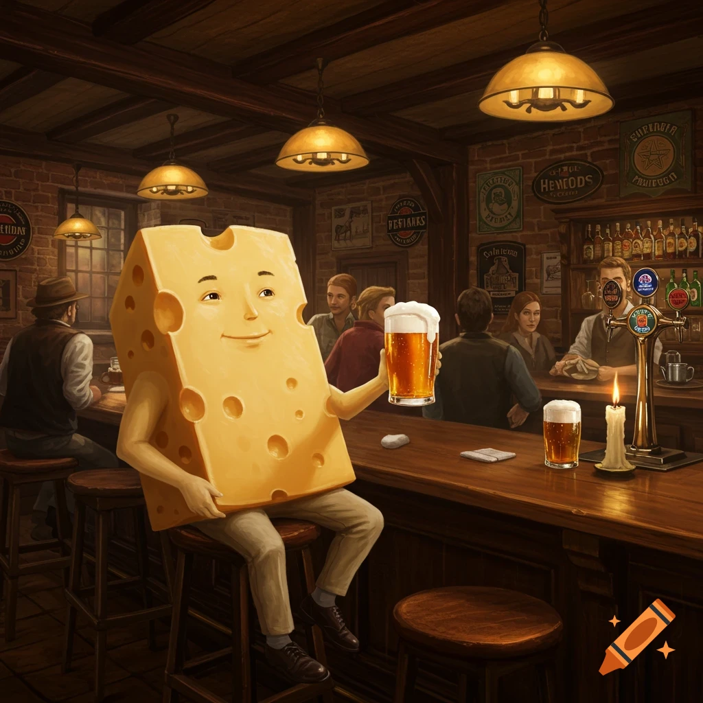 An anthropomorphic Swiss cheese character with a human face, arms, and legs sits at a pub bar, holding a beer.