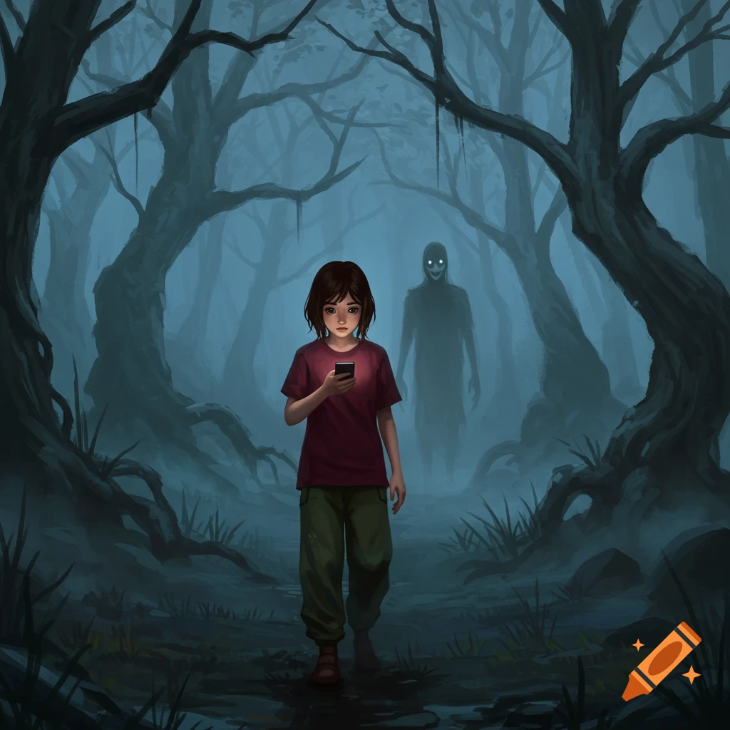 Digital illustration of a girl in a maroon shirt and baggy pants looking at her phone in a foggy, spooky forest with a glowing-eyed ghost figure behind her.
