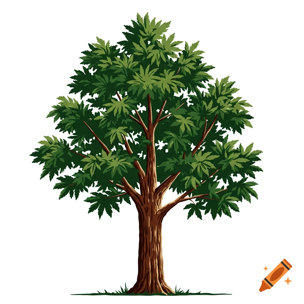 A stylized vector illustration of a green-leafed tree with a brown trunk, standing on a small patch of grass, against a white background.