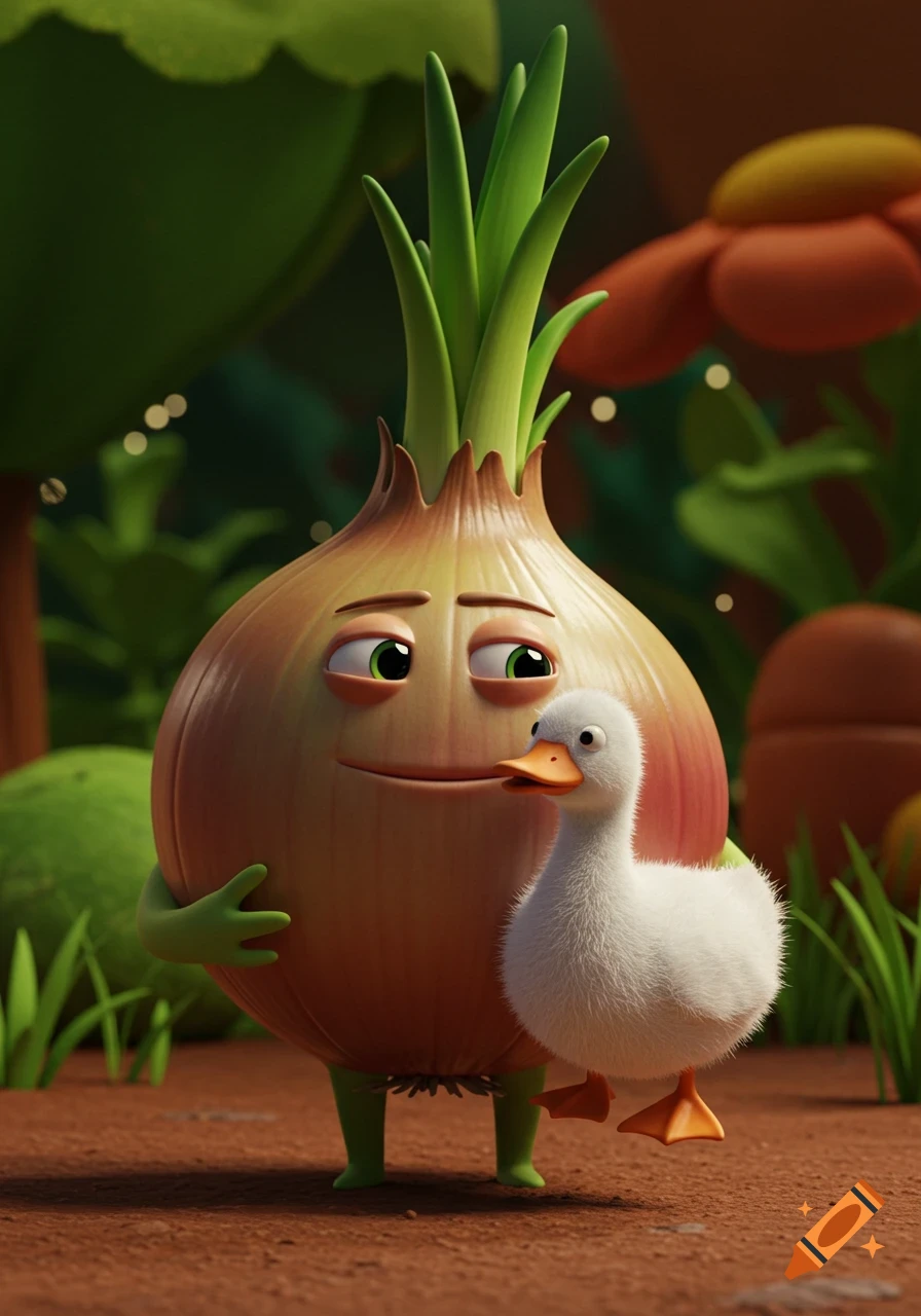 A smiling 3D animated onion with green arms and legs holding a fluffy white duckling in a garden.