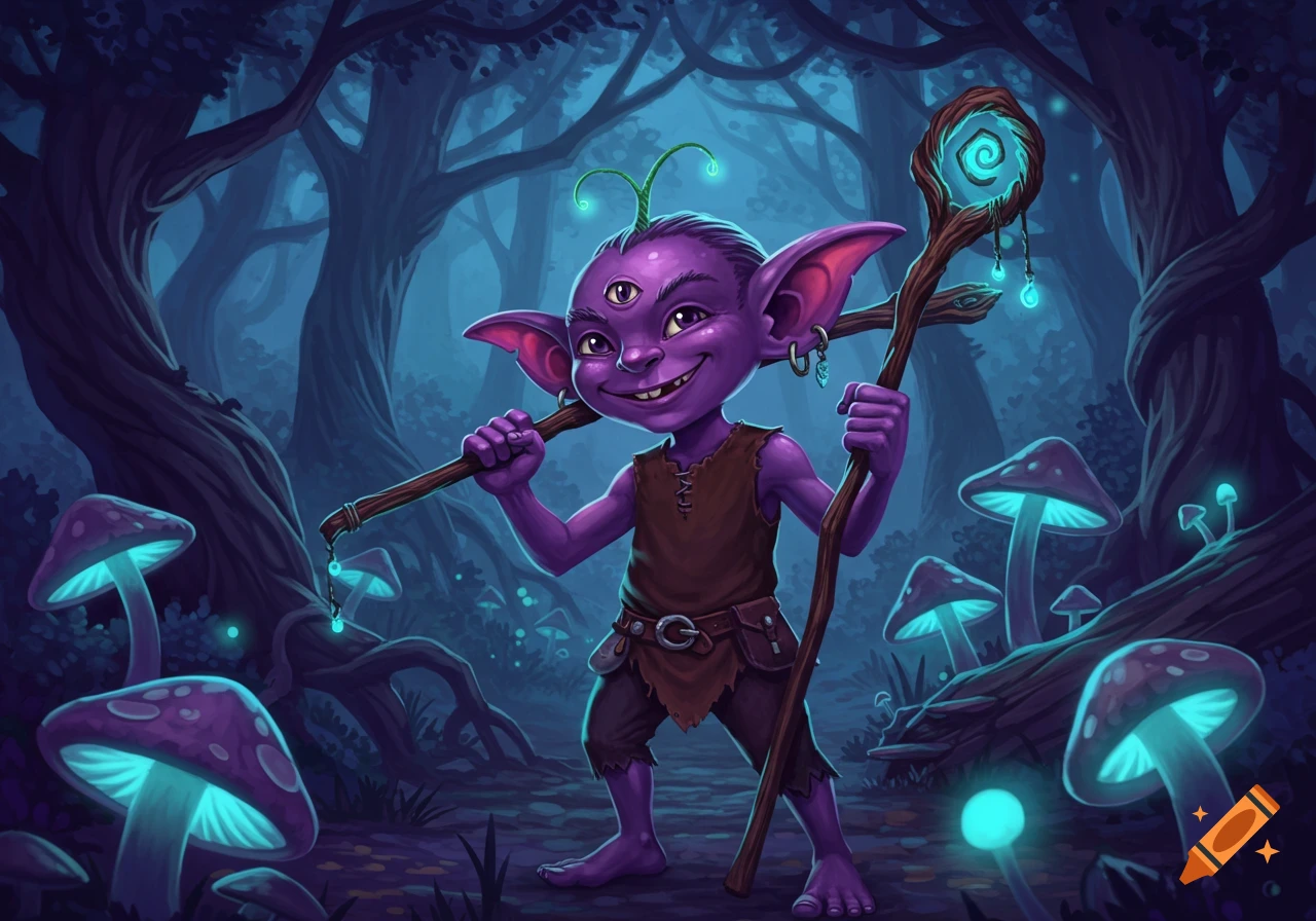 A smiling purple goblin with three eyes and glowing antennae on its head, holding two magical staffs in a dark, mystical forest with glowing blue mushrooms.