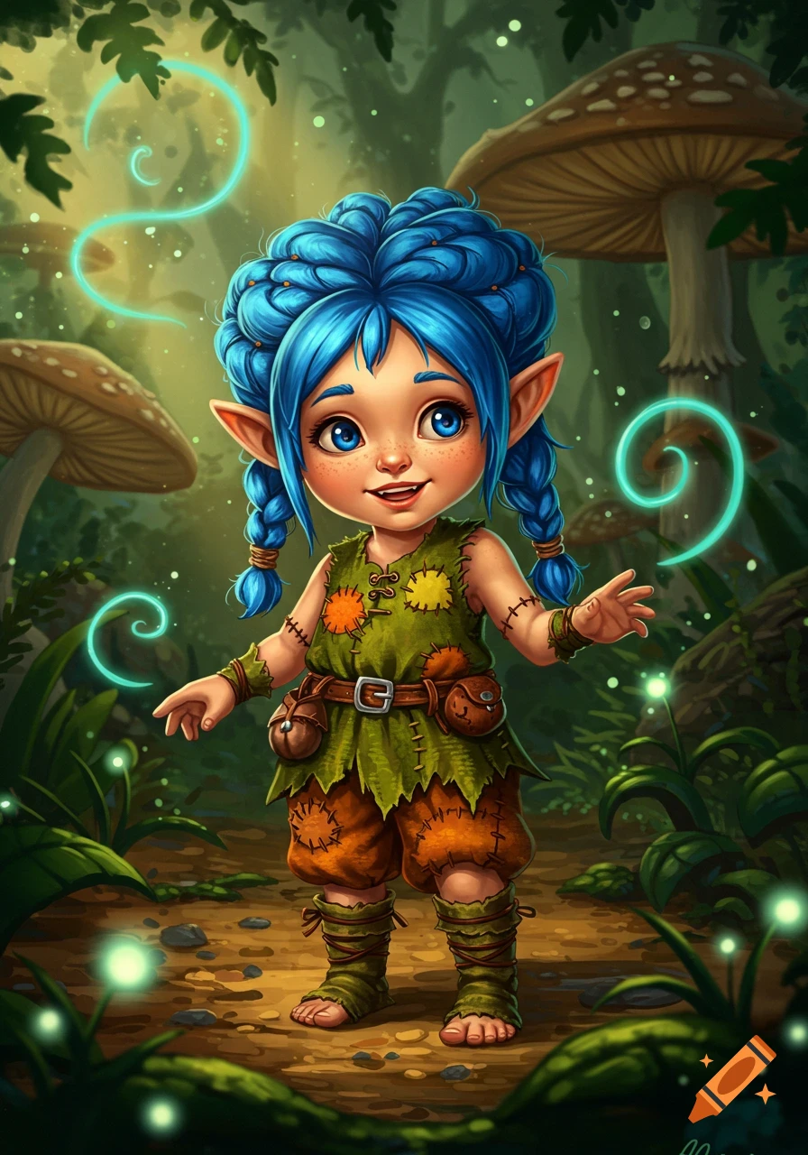 A cute, blue-haired gnome child with pointed ears stands smiling in a vibrant magical forest with glowing wisps and large mushrooms, in a detailed fantasy art style.