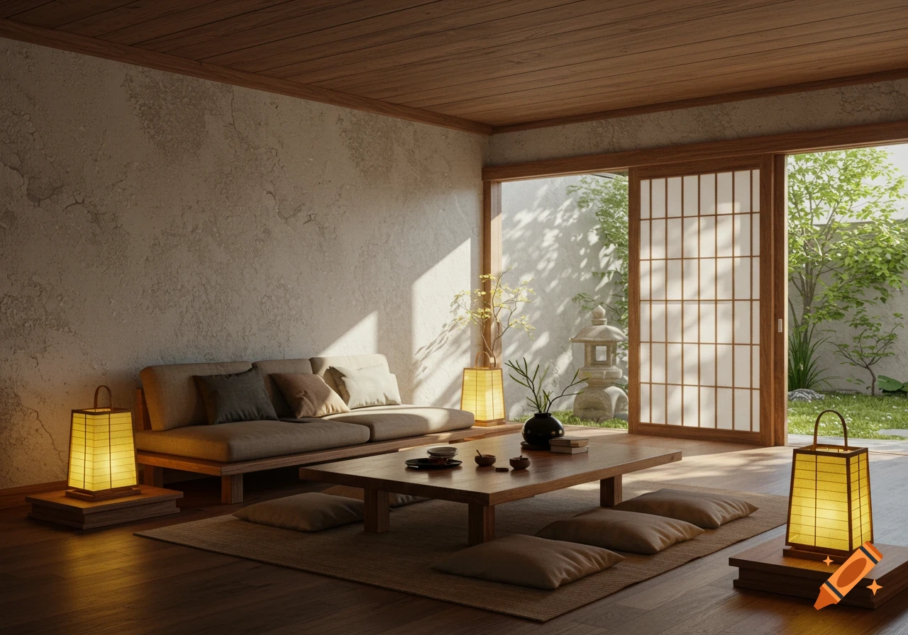 A minimalist Japanese-style living room with a low wooden table, floor cushions, a sofa, paper lanterns, and a view of a garden.