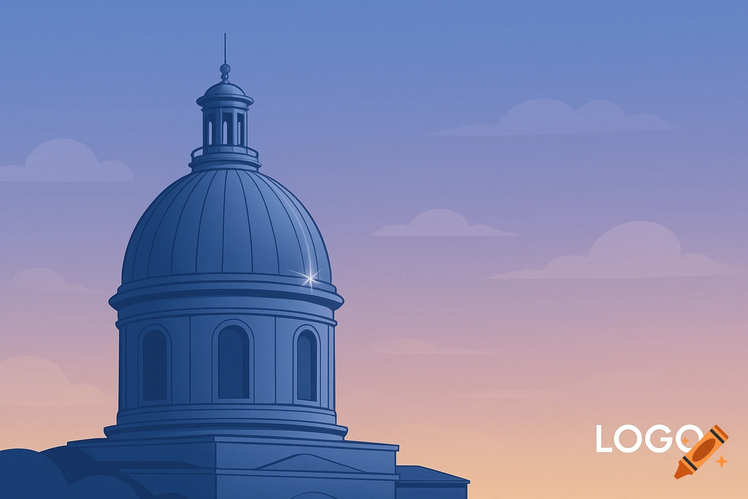 Modern illustration of a blue building dome against a gradient blue and orange sky, with a 'LOGO' placeholder.