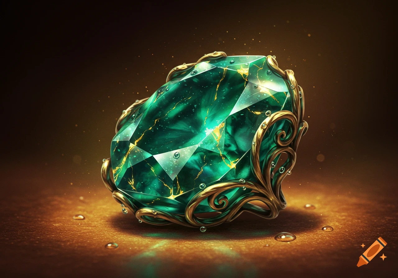 A vibrant green faceted gem with golden veins and ornate gold filigree sits on a glowing surface with water droplets.