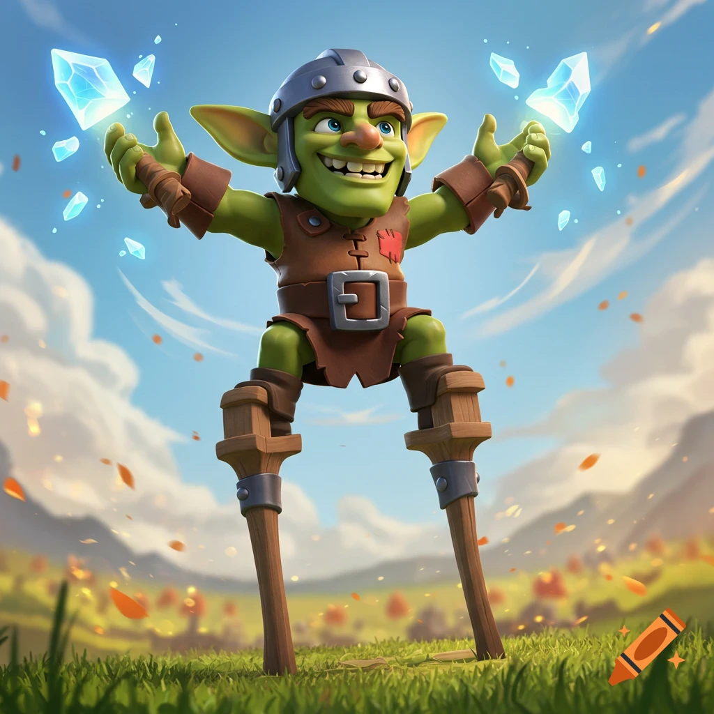 A green goblin on stilts, wearing a helmet and leather attire, happily holds glowing blue crystals against a vibrant fantasy landscape under a blue sky.