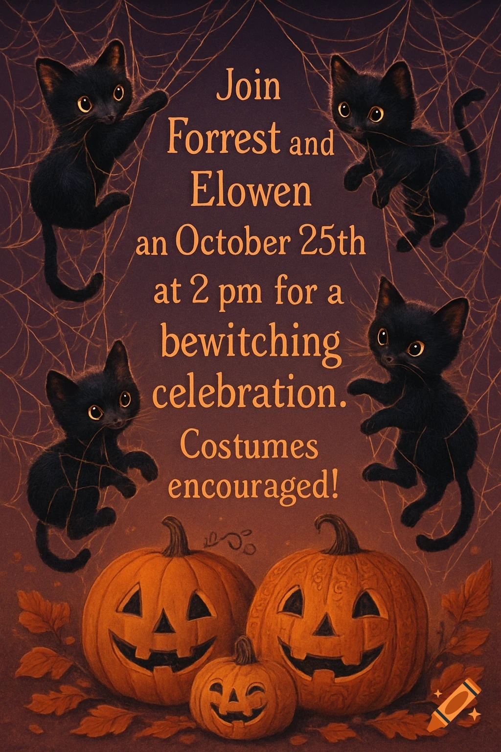 A Halloween invitation with four cute black kittens, spiderwebs, and three jack-o'-lanterns. The text announces a bewitching celebration for Forrest and Elowen on October 25th at 2 pm, with costumes encouraged.
