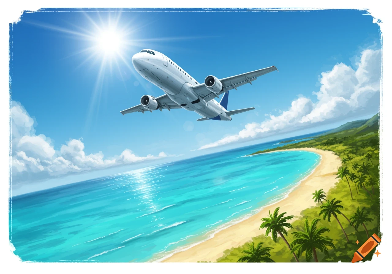 Illustration of a white airplane flying low over a vibrant tropical beach with turquoise water and palm trees under a bright sun.
