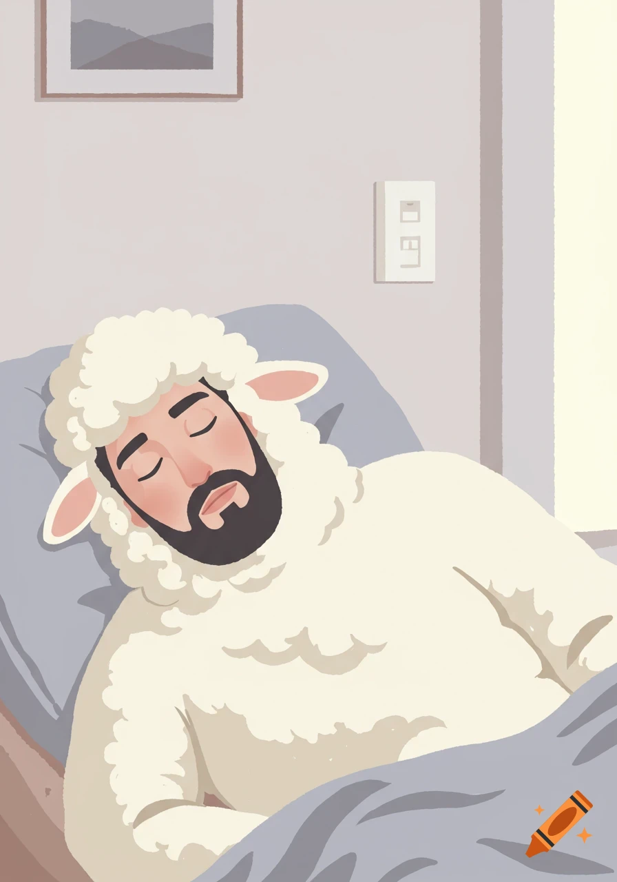 A stylized illustration of a bearded man in a sheep costume sleeping soundly in a bed.