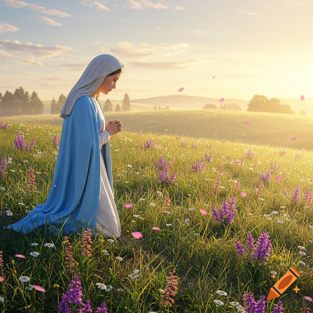A woman resembling the Virgin Mary kneels in a sunlit field of wildflowers with falling pink petals.