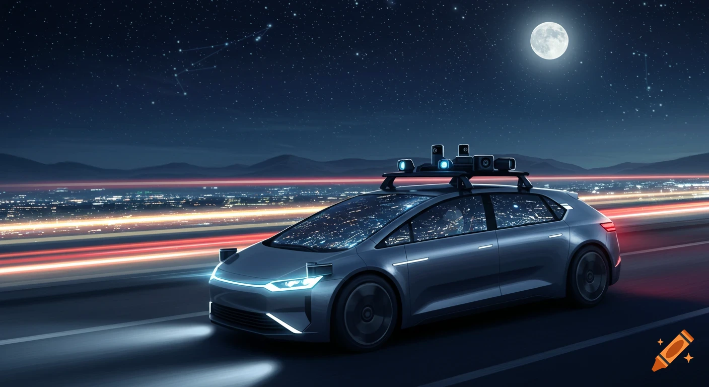 A futuristic self-driving car with a transparent roof and sensors drives on a highway at night, city lights and a full moon in the background.