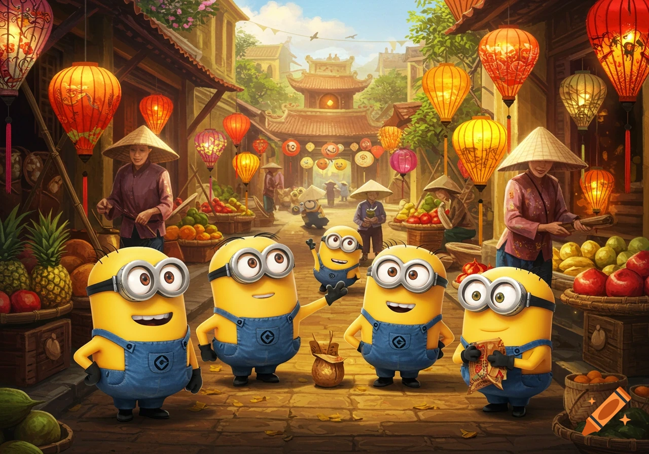 Five Minions in an outdoor market with traditional lanterns and vendors selling fruit, set against a backdrop of Asian architecture.